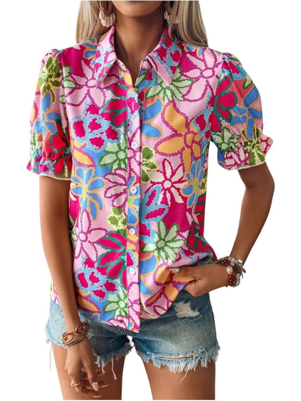 Floral Print Button Down Blouse with Puff Sleeves | Boho Chic Top for Women